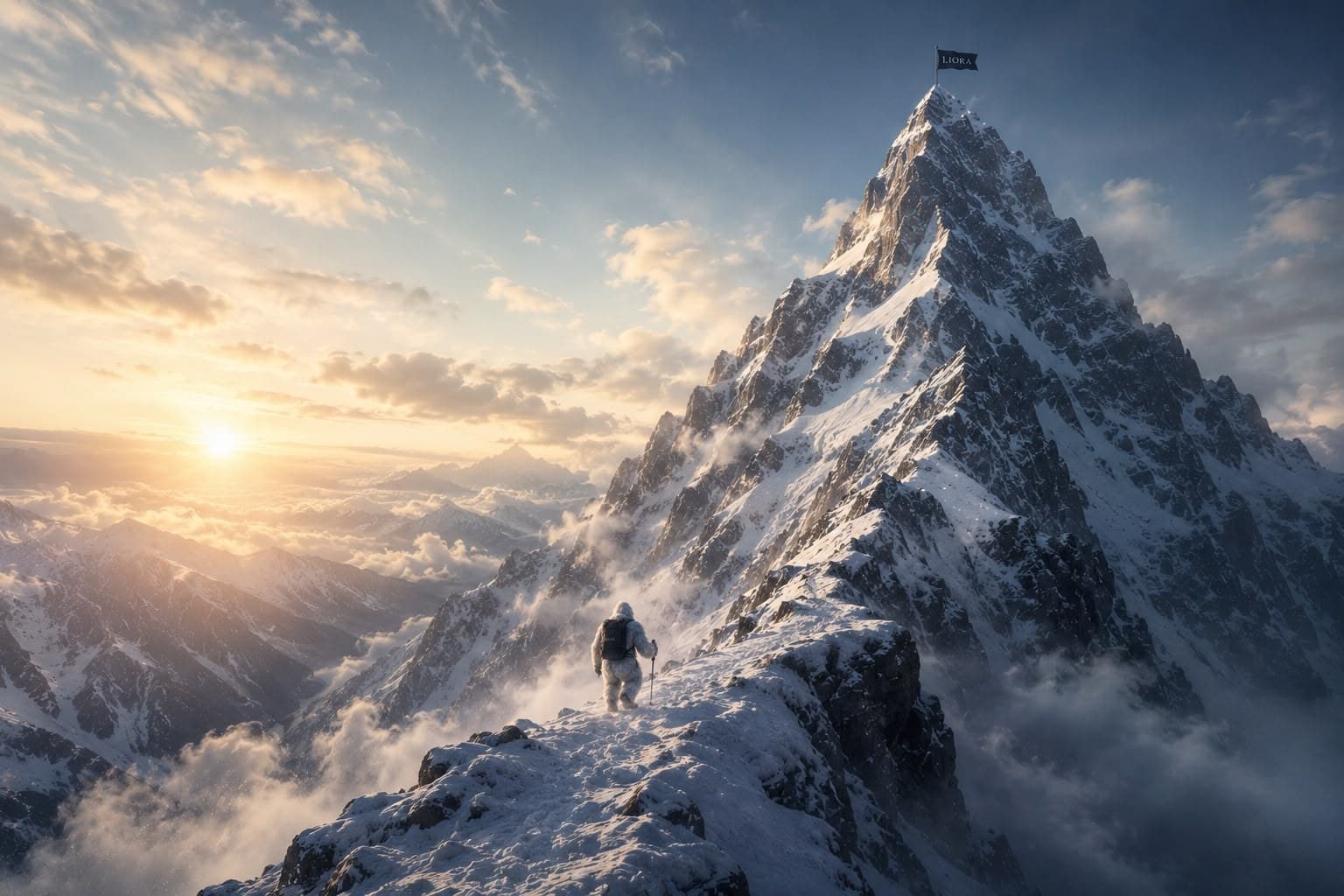 Climber reaching a snow-covered summit at sunrise, LIORA flag planted at the top